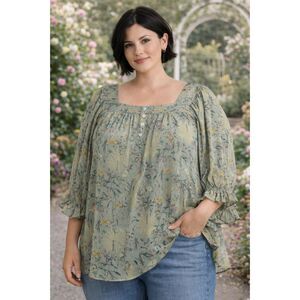 LC Lauren Conrad 3X Sage Green Floral Blouse Ruffle Sleeve Lined Feminine Top #6
